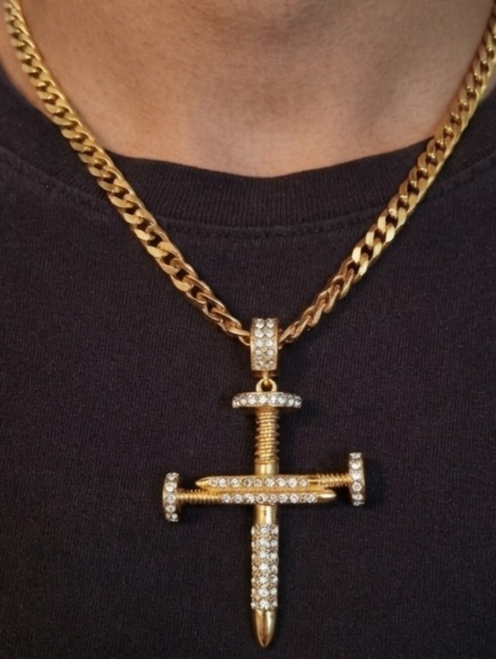 Gold Plated Cuban Chain with Pave Crystal Nail Cross Pendant